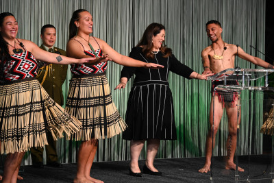 Dame Cindy performing with the kapa haka group