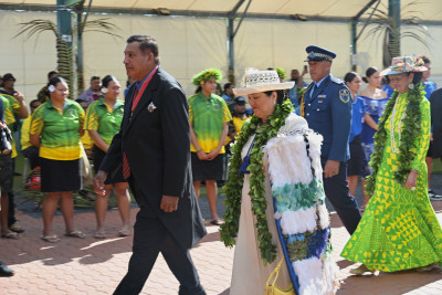 Sir Tom Marsters, the King's Representative of the Cook Islands, and Dame Cindy arriving
