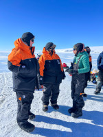 Dr Davies, Dame Cindy and Dr Sarah Seabrook, of Earth Sciences New Zealand, in conversation on the ice.