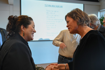 Dame Cindy meeting historian and curator Lucy Mackintosh