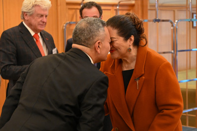 Dame Cindy greets Hone Matthews, Chief Advisor Māori, Electoral Commission