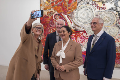 Dame Cindy and Dr Davies take a selfie with Her Excellency the Honourable Sam Mostyn and Mr Simeon Beckett 