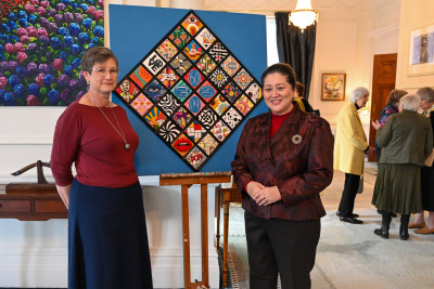 Dame Cindy and Susan Lennie, Tararua region representative on the Association of New Zealand Embroiderers’ Guilds