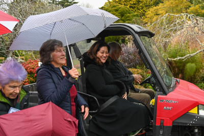 Dame Cindy aboard the garden buggy