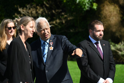 HE Ms Kristina Jonek, Ambassador of the Federal Republic of Germany, speaks with kaumātua Joe Harawira