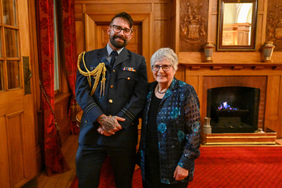 Flight Lieutenant Alex Fulton with retired kindergarten teacher Mrs Morris