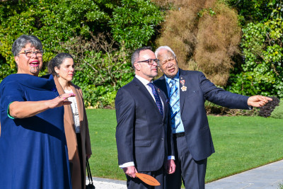 HE Mr Jorge Andrés Iglesias Mori Ambassador of the Republic of Chile speaks with kaumātua Joe Harawira