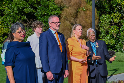 HE Jacquelien Nienhuis Ambassador of the Kingdom of the Netherlands, receiving the pōwhiri
