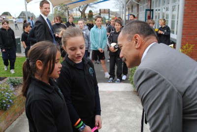 The Governor-General is welcomed to Central New Brighton School.