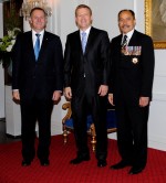 The Governor-General and Rt Hon John Key greet Hon Dr Jonathan Coleman upon entrance.