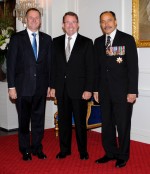 The Governor-General and Rt Hon John Key greet Hon John Banks upon entrance.