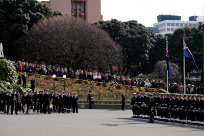 A crowd watches the Changing of the Queen's Colour ceremony.