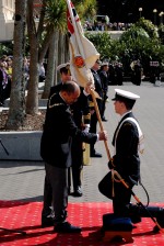 The Governor-General presents the new Queen's Colour to the Royal NZ Navy.