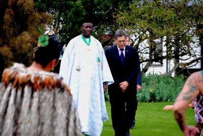 The Ambassador of Senegal, HE Mr Bouna Sémou Diouf, is welcomed by the NZDF Cultural Party.