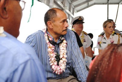 The Governor-General onboard a boat transporting the delegation to another part of the atoll.