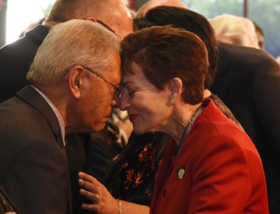 The Governor-General, The Rt Hon Dame Patsy Reddy greeting Sir Tumu Te Heuheu.