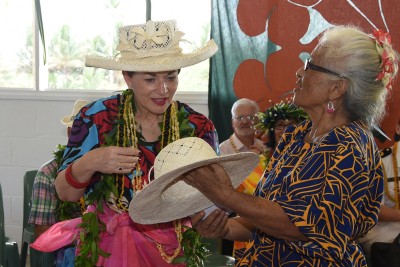 The Governor-General, The Rt Hon Dame Patsy Reddy is shown examples of fine weaving.