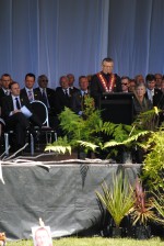 Mayor of Greymouth, Tony Kokshoorn, addresses the gathering.