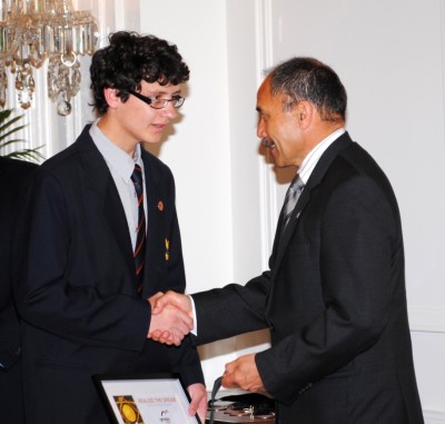 Conor King, Mount Roskill Grammar School, receives his award.