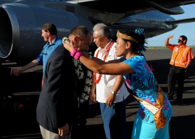The Governor-General arrives at Faleolo Airport in Apia and is greeted by Miss Samoa, Olevia Ioane, and Hon Magele Mauiliu, Minister of Education, Sports and Culture.