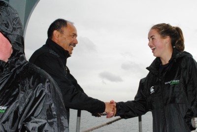 Sir Jerry Mateparae welcomes members of the Young Blake Expedition Team on-board HMNZS Canterbury.