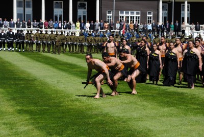 Members of the New Zealand Defence Force perform a traditional wero (challenge).
