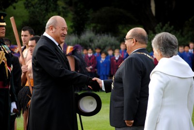 The Governor-General, Rt Hon Sir Anand Satyanand, greets King George Tupou V of Tonga.