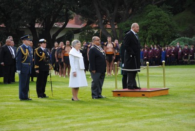 King George Tupou V of Tonga steps up to the Saluting Base and a 21 Gun salute is fired.