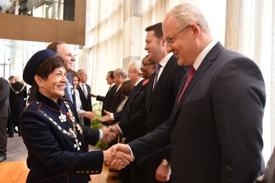 Dame Patsy Reddy greets the Ambassador of Estonia,Andres Unga.