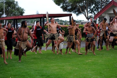 Warriors perform a haka at Te Tii Marae.